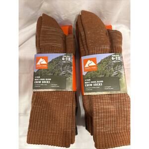 3 Pairs Ozark Trail Crew Socks Arch Support Wool Blend Brown Men's Size 6-12 x 2